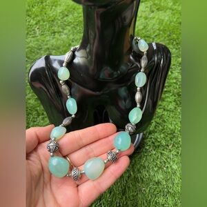 Genuine Aquamarine and Silver Accents Tibetan Style Necklace w/ Extender Vintage